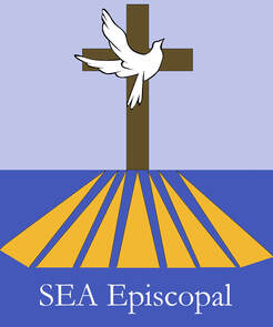SEA Episcopal Church - white dove, brown cross, 7 gold rays of light
